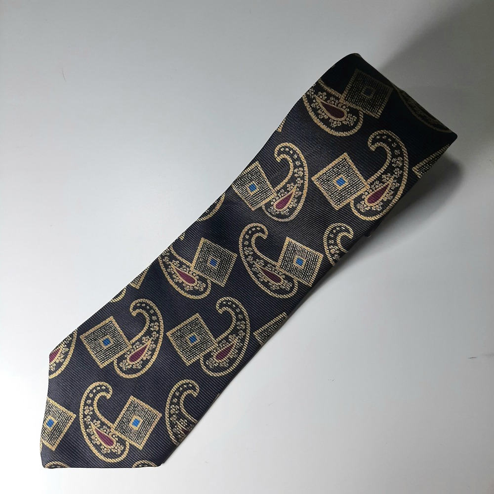Liberty of London Mens Silk Tie Navy Blue Gold Paisley Geometric Made in USA - Picture 6 of 7